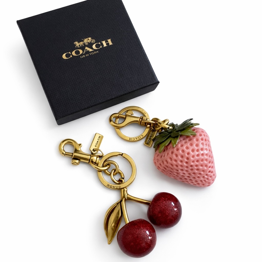 Coach Pink Strawberry and Red Cherry Keychain Bundle